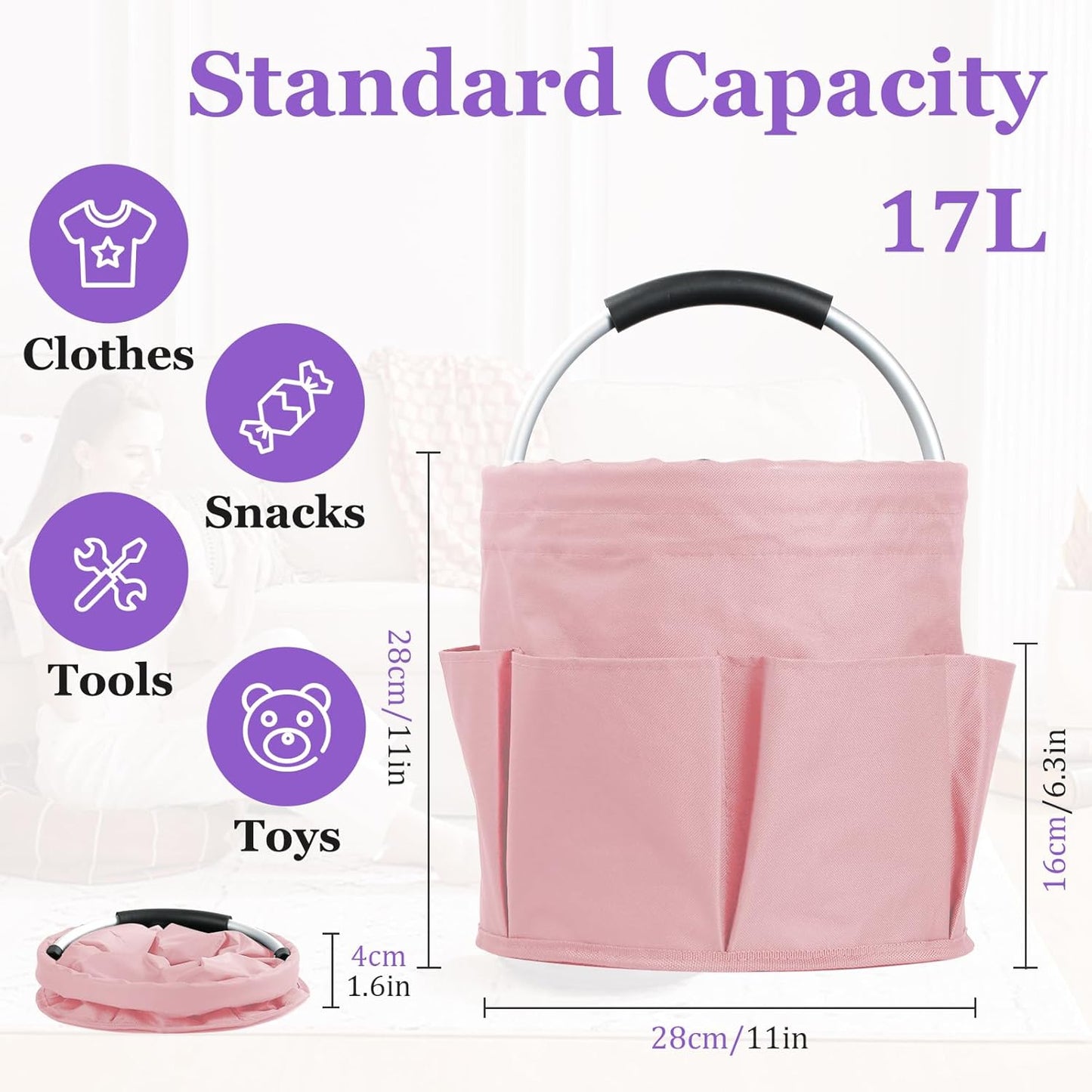 17L Portable Shower Caddy with 6 Side Pockets, Foldable Cleaning Supply Caddy with Handle, Garden Tool Bag in 600D Oxford Fabric, Multifunctional Storage Basket for Showers, Picnics, Pink