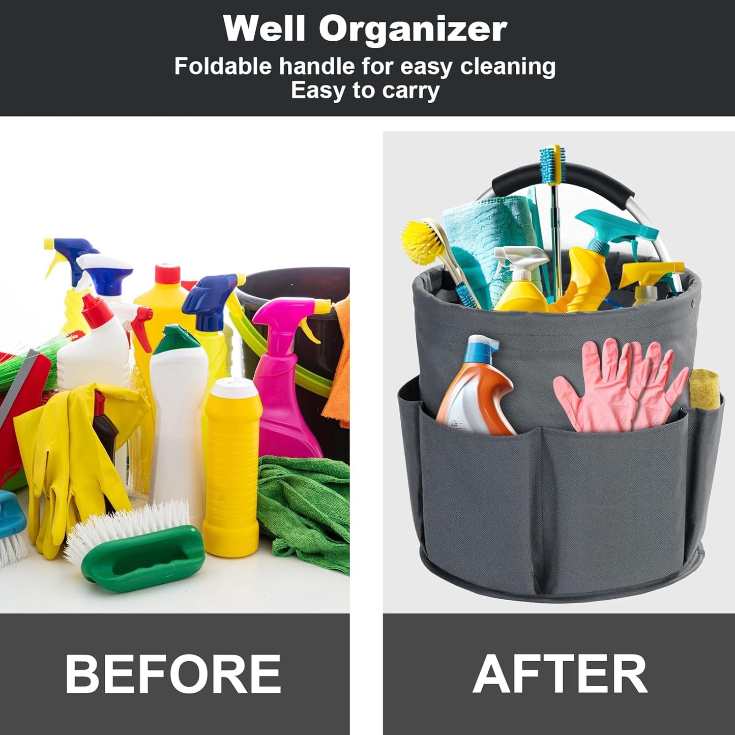 Cleaning Caddy with Handle, Cleaning Products Organiser, 17L Foldable Storage Basket, Cleaning Caddy Organiser, Portable Multi Cleaning Bucket Bag for Home, Garden (Dark Grey)