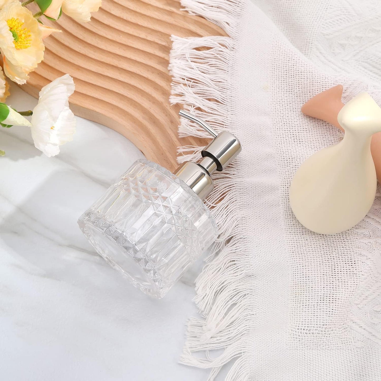 Soap Dispenser with Stainless Steel Pump, Clear Crystal Design, Vintage and Elegant, Refillable Liquid Hand Soap Dish Soap Dispensers for Bathroom Counter, Kitchen Sink (Style 5)