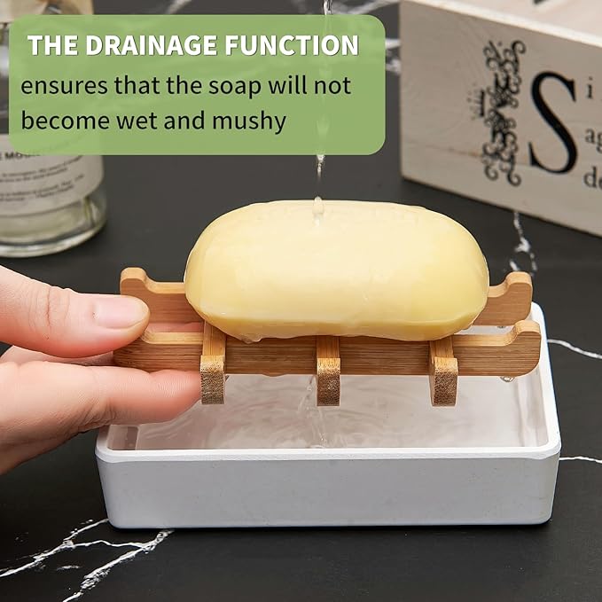 Bamboo Soap Dishes for Shower Wooden Soap Bar Holder for Bathroom Soap Tray Easy to Clean, Durable and with Non-Slip Pads(Two White Squares)