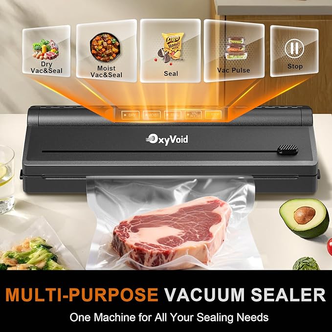 Precision Food Vacuum Sealer Machine, Powerful Automatic vacuum sealer for food Preservation Saver, Easy to Use, One-Touch Operation Food Vacuum Sealing Machine, Built-in Cutter & Hose, 2 Bags Rolls