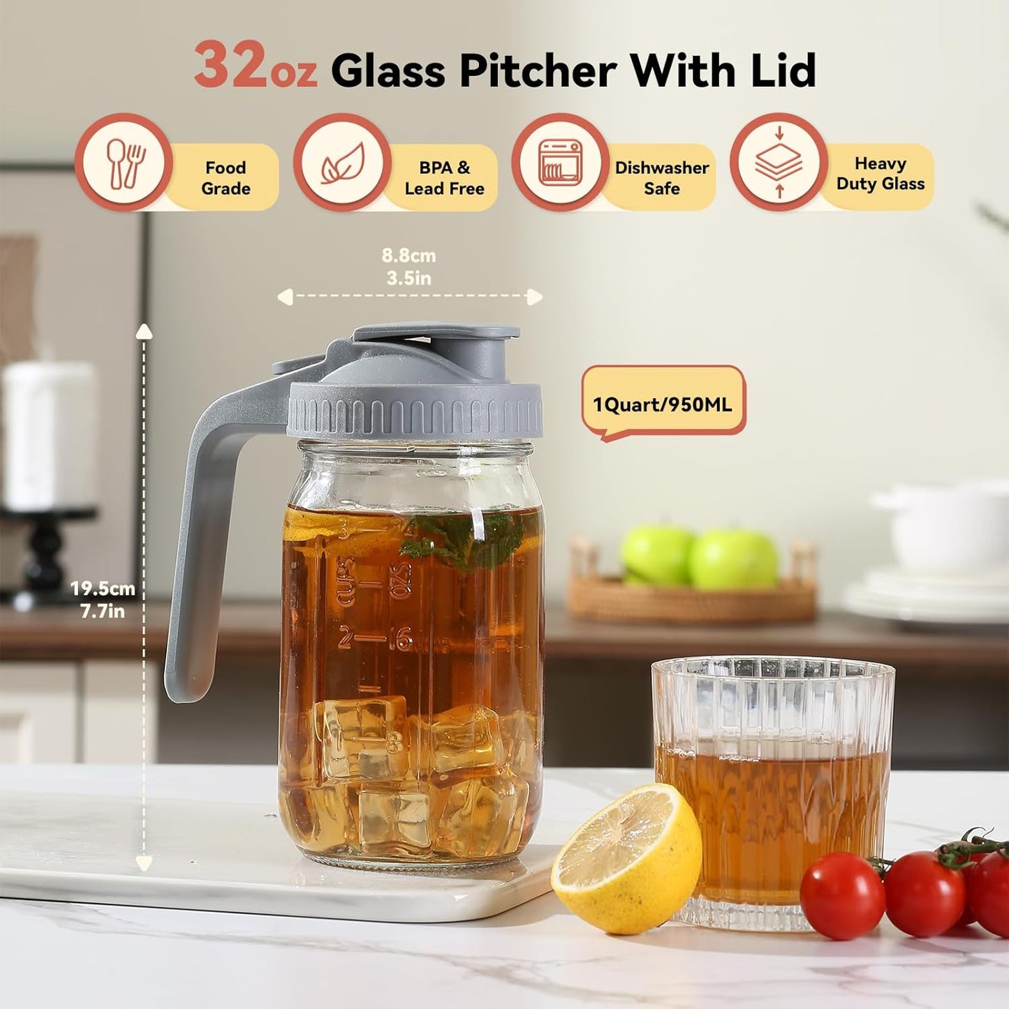 Novelinks 32OZ Glass Pitcher with Lid, Wide Mouth Mason Jar Pitcher, Leak-proof Water Jug for Juice, Milk,iced Coffee Lemonade Tea,2 Pack