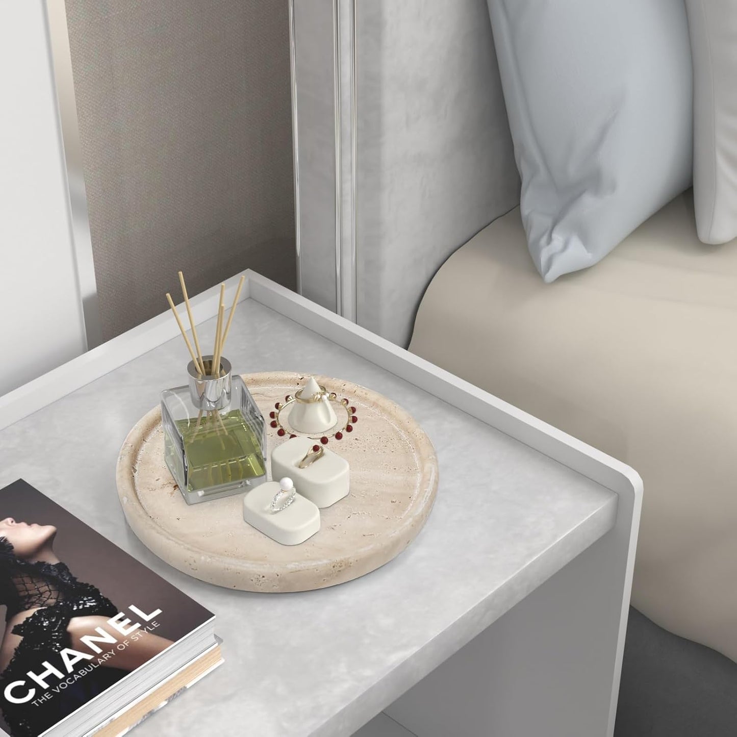 Travertine Tray, Small Ceramic Vanity Tray for Bathroom Counter Decor, Round Marble Decorative Trays for Coffee Table (Beige, Medium Size)