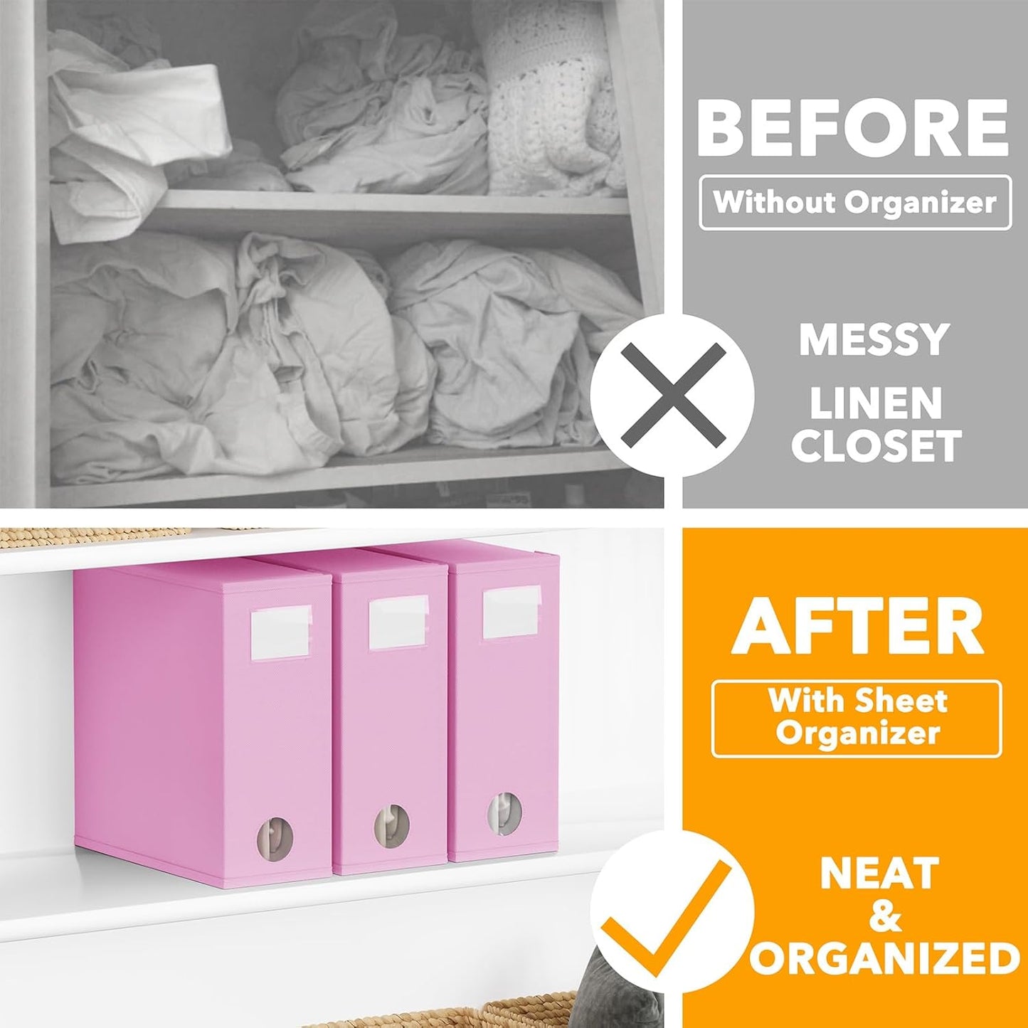 SpaceAid 3 Pack Bed Sheet Organizers and Storage, Foldable Sheet Organizer for Linen Closet, Set Folder Keeper with Window XL (Queen & King Size) Bedding Container (Pink, 3 Pack)