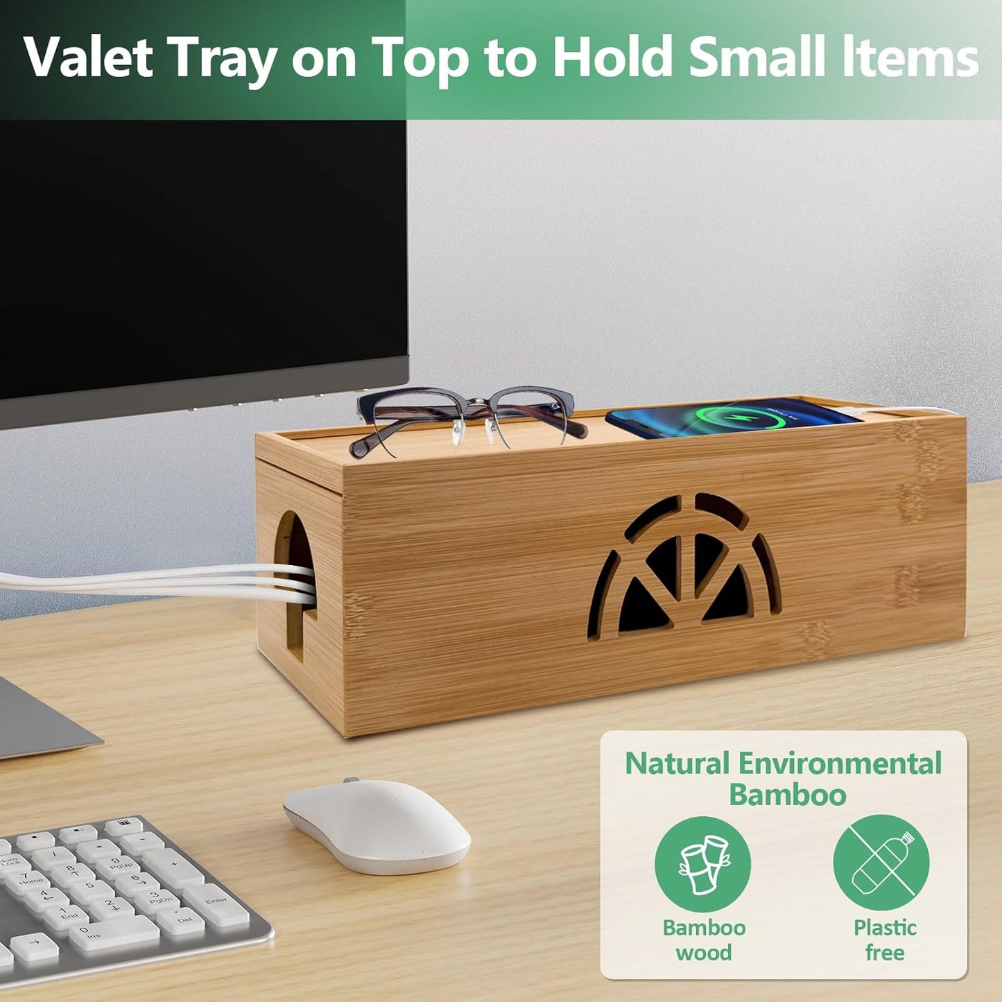 Bamboo Cable Management Box,Extra Large Cord Organizer Box,Power Strips Hider,Plug Strip Cord Box,Outlet Holder,Cords Concealer,Wires Covers,Desk & Floor Tidy Solution (Sliding lid)