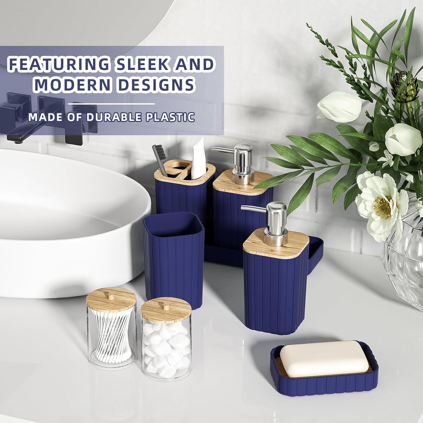 Bathroom Set - 25PC Blue Bathroom Set with Shower Curtain and Rugs, Bathroom Accessories Set, Blue Shower Curtain Set with Bathroom Trash Can