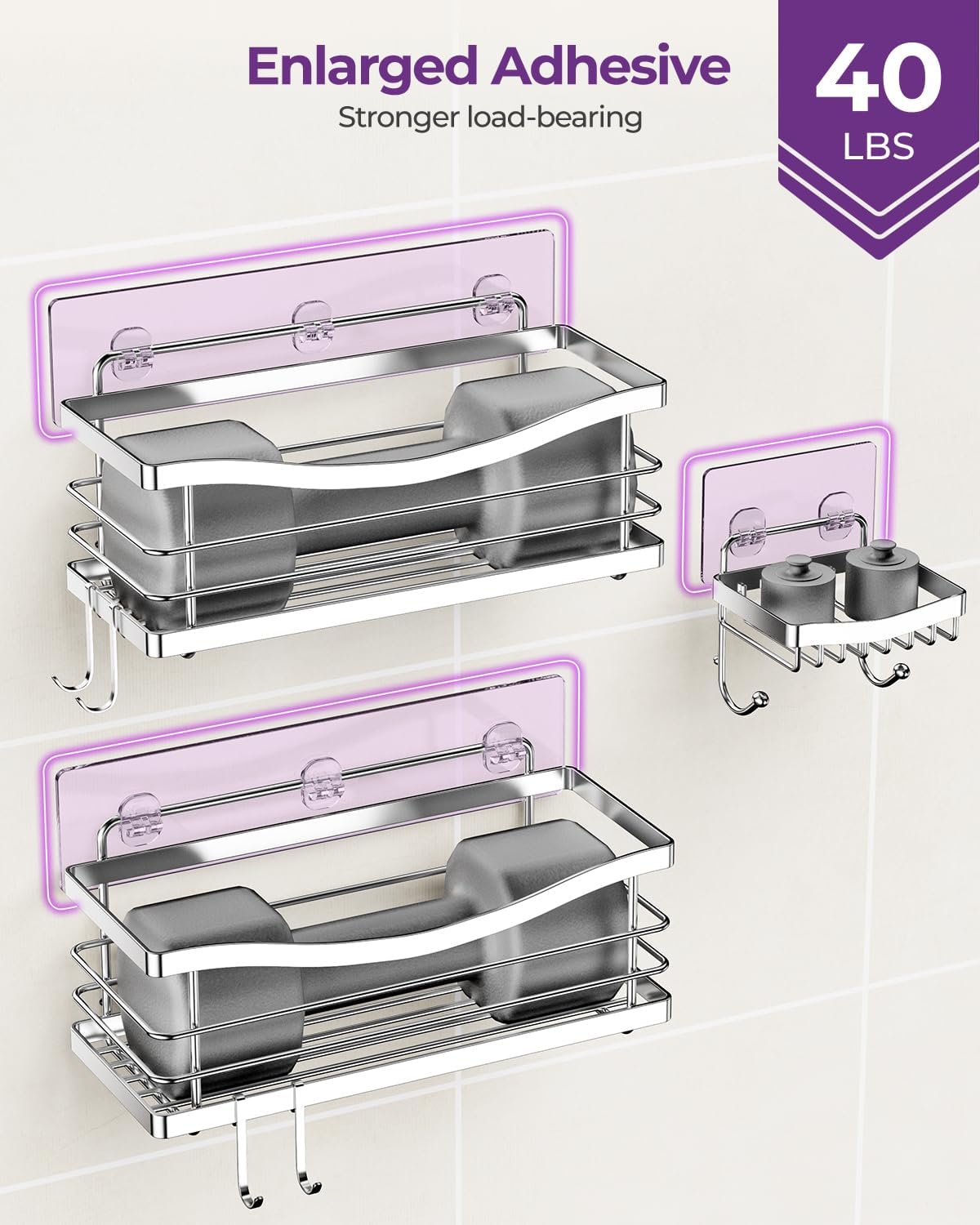 ODesign Shower Caddy 3 Pack-Shower Organizer Shelves Rack Rustproof SUS304 Stainless Steel for Bathroom Storage&Kitchen-No Drilling Adhesive Shower Caddy Shelf Dorm Room Essentials-Silver