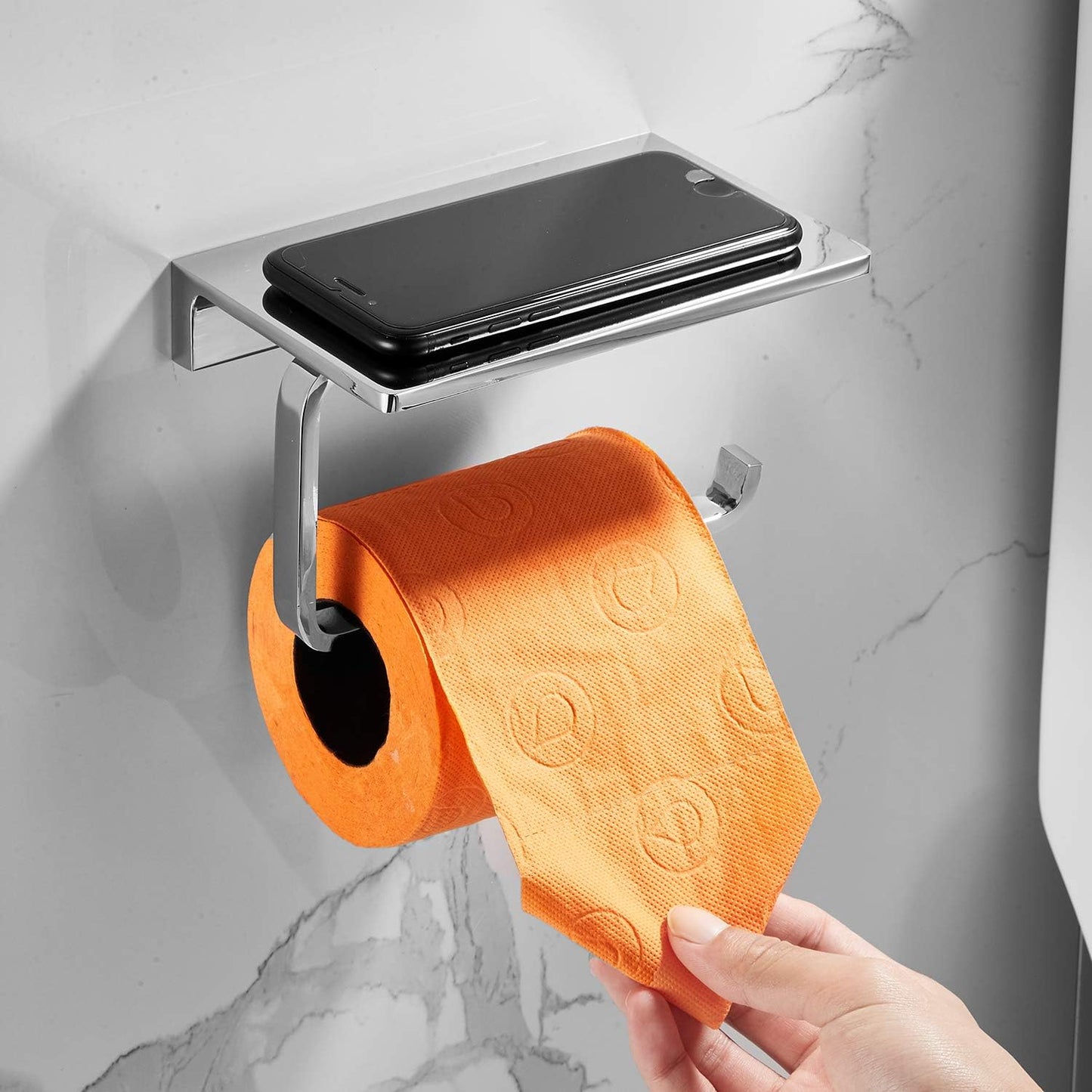 Toilet Paper Holder for Bathroom Solid Brass and Superior Hotel Style Tissue Roll Holder with Cell Phone Storage Polished Chrome Finish