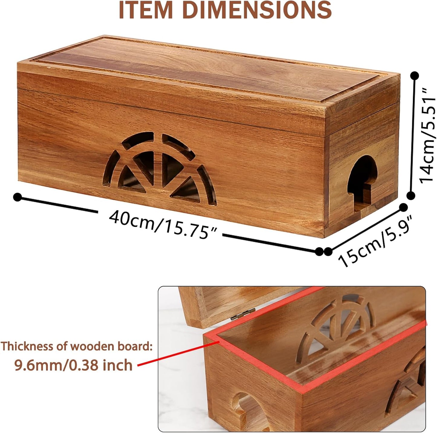 Wood Cable Management Box - 15.8" (L) x 6" (W) 5.5" (H) Acacia Wood Cable Hider Box, Cord Hider with Magnet Design & Outlet Hole, Power Strip Surge Protect & Organizer for Home Office Kitchen TV Wires