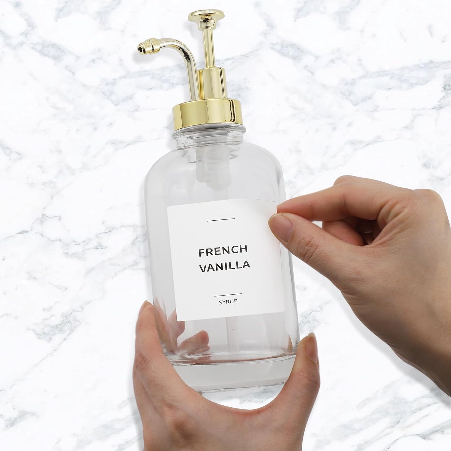 Coffee Syrup Dispenser with Pump - Includes 24 Flavor Labels - Glass Syrup Dispenser for Coffee Bar - Elevate your Beverage Station with 16.9 fl oz Flavoring Container Bottles, 4pcs, Gold