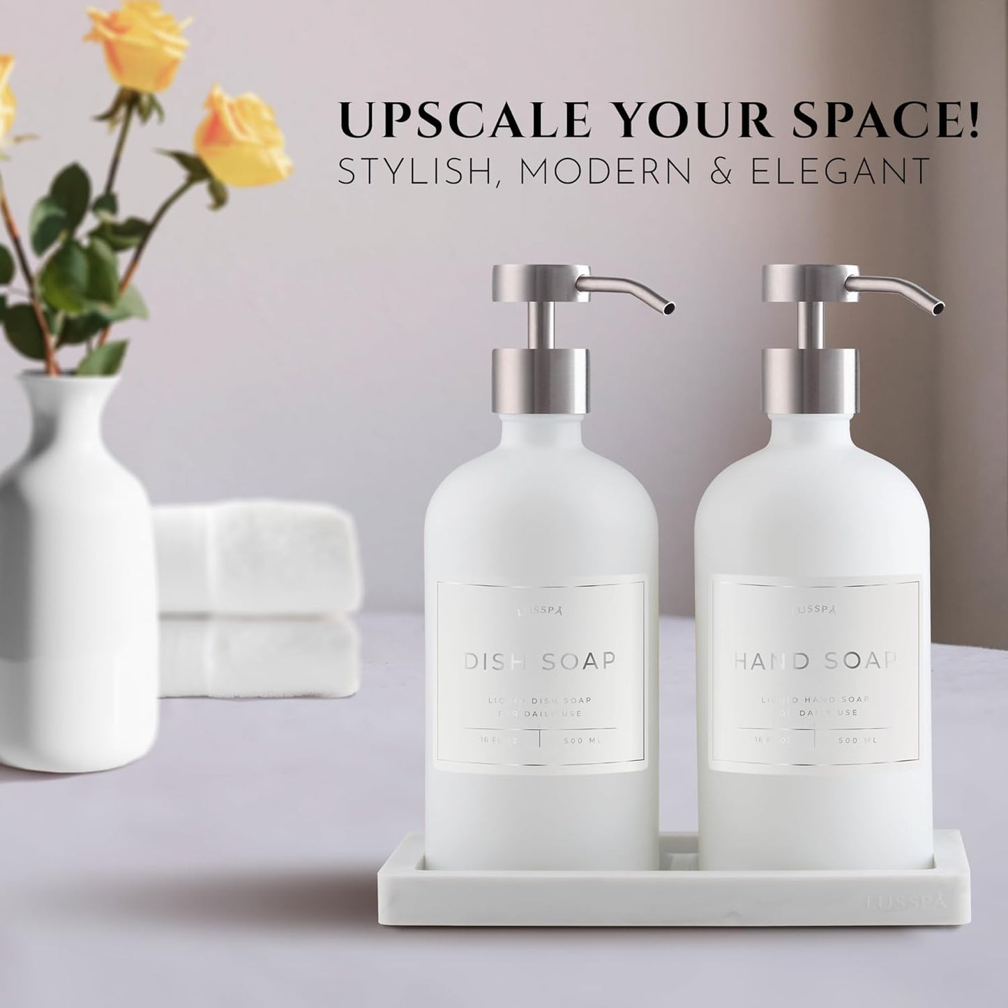 Lotion, Hand & Dish Soap Dispenser for Kitchen Sink - Bathroom Soap Dispenser Set of 2 16.8 Oz Glass Bottles with Stainless Steel Pump, 15 Water Proof Labels & Silicon Tray (White/Silver)