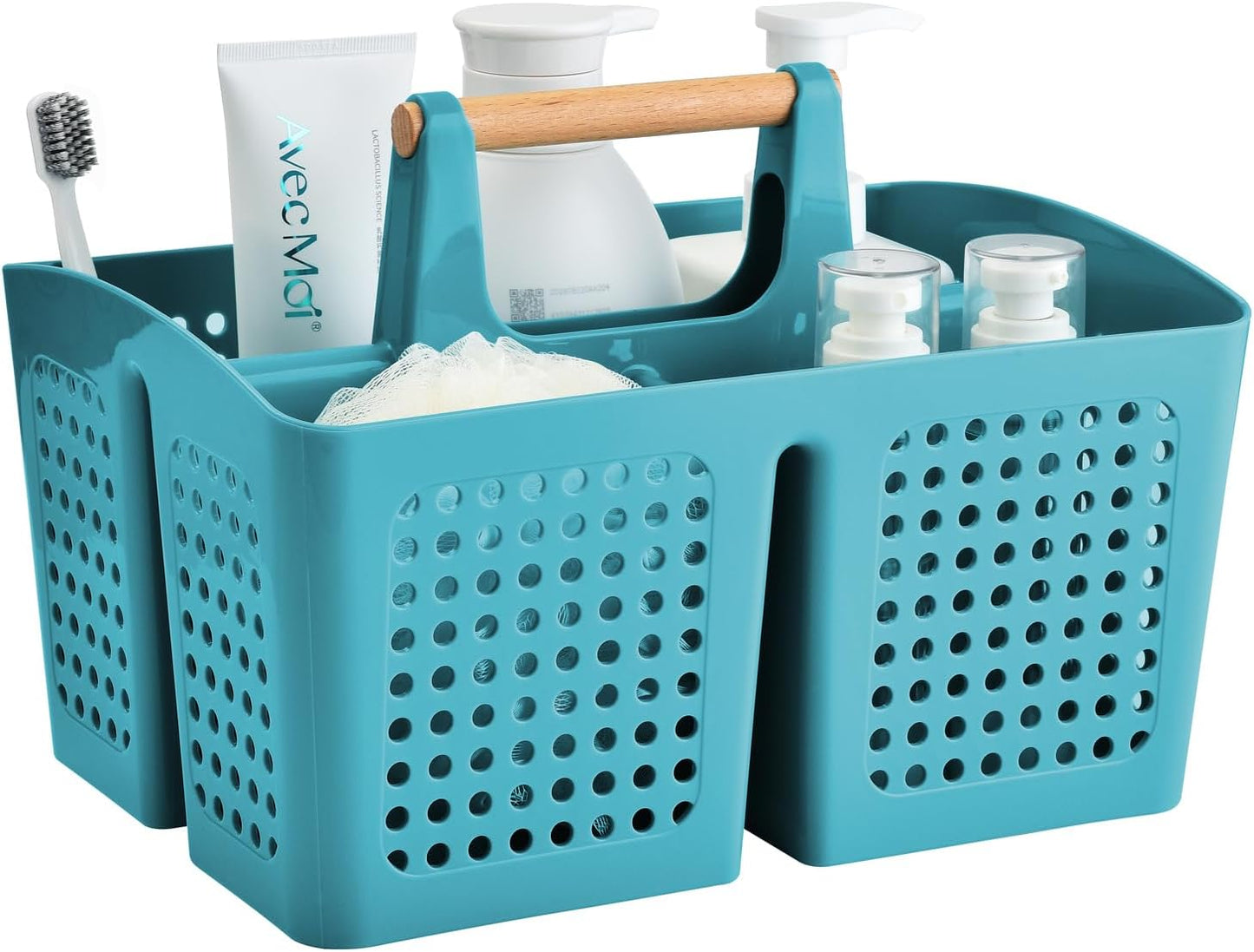 Portable Shower Caddy Basket with Compartments, Plastic Divided Cleaning Caddy Organizer Storage Tote with Handle for Bathroom, College, Dorm Room Essentials, Green