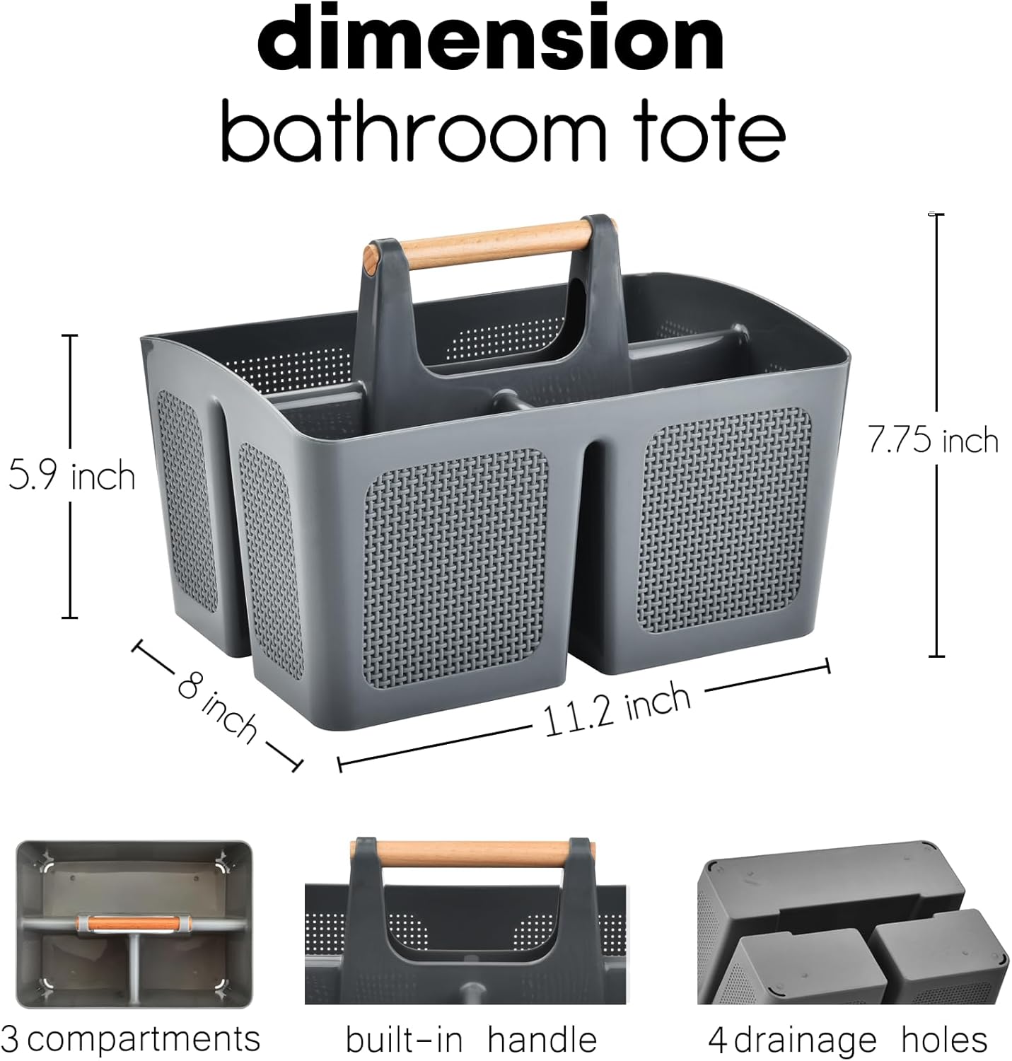 ALINK Portable Shower Caddy Basket with Compartments, Plastic Divided Cleaning Caddy Organizer Storage Tote with Handle for Bathroom, College, Dorm Room Essentials, Dark Gray