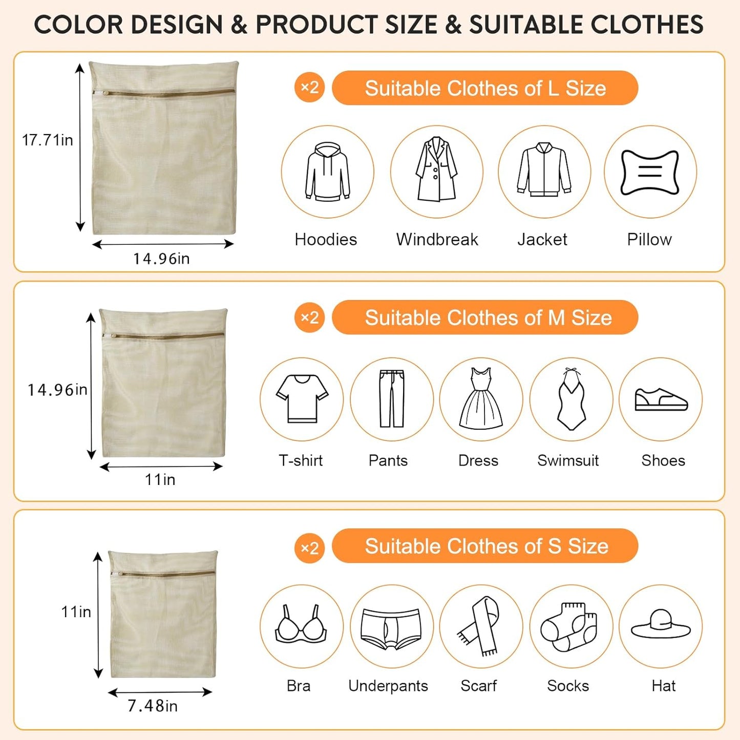 6-Piece Bag, Durable Cotton Mesh Laundry Bag, Sturdy Zipper, Breathable Mesh, Exquisite Laundry Bag for Underwear, Clothes, Pants, Shoes and Socks
