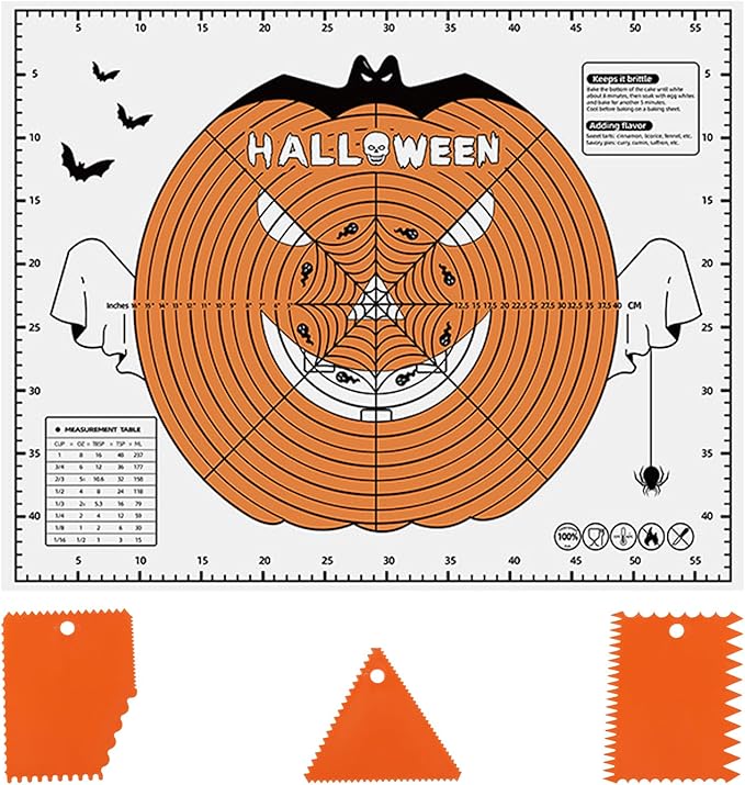 Halloween Silicone Baking Mat Set - 24"X18" Dough Mat With Measurements And 3 Dough Scrapers, Non-Stick Reusable Pastry Mat For Rolling, Kneading, Cookie Bread Pizza Making