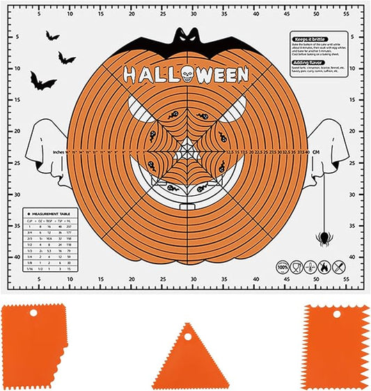 Halloween Silicone Baking Mat Set - 24"X18" Dough Mat With Measurements And 3 Dough Scrapers, Non-Stick Reusable Pastry Mat For Rolling, Kneading, Cookie Bread Pizza Making