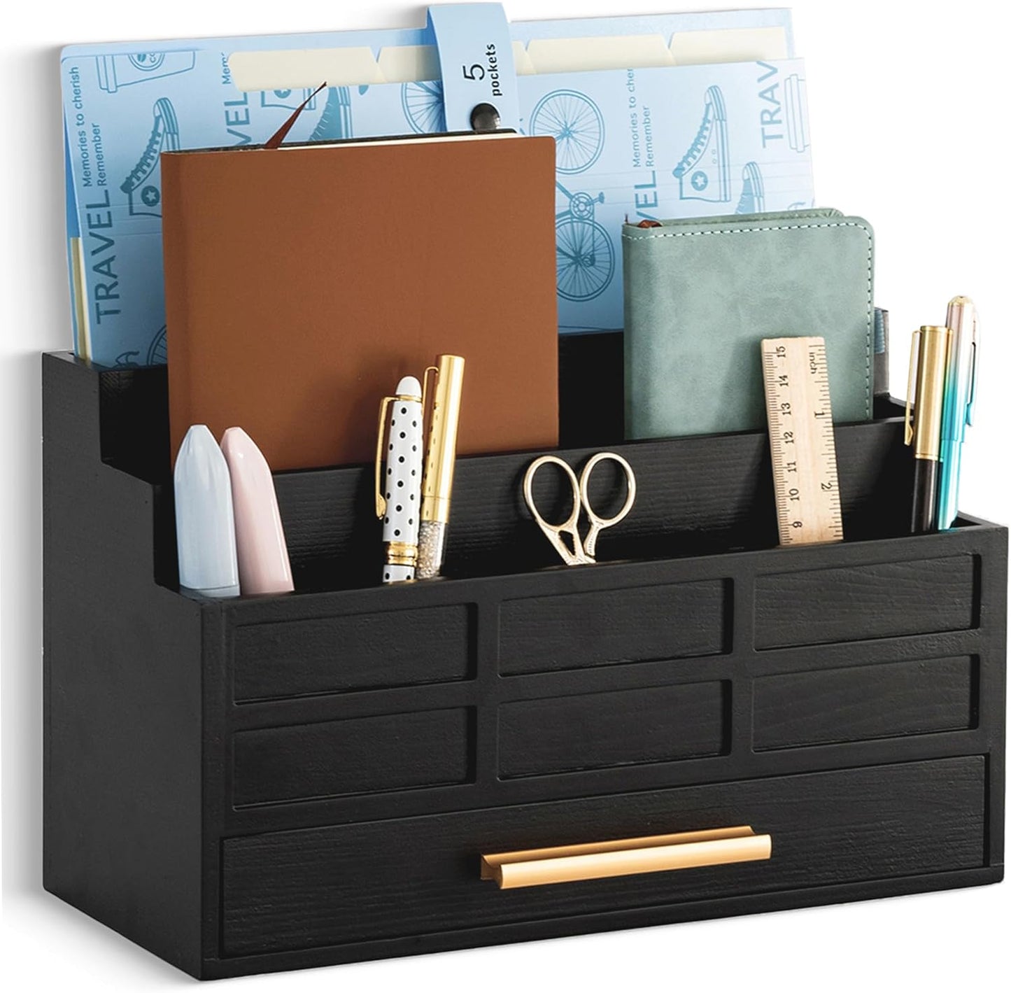 Black Wood Desk Organizer and Accessories with Drawer, Bill Mail Organizer and File Mail Holder for Office Supplies, Rustic Desk Accessories & Workspace Organizers for Desk Organization