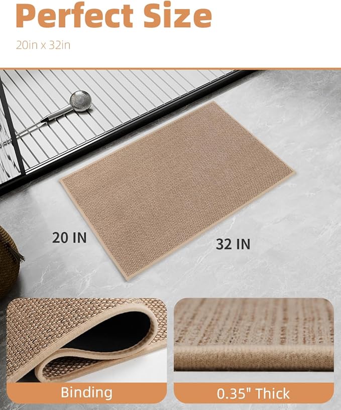 PADOOR Non-Slip Bath Mat With Rubber-Backing, Braided Absorbent Machine Washable Thin Rug, Quick Dry, Fits Under Door, for Bathroom Floor, 20''x32'' Beige