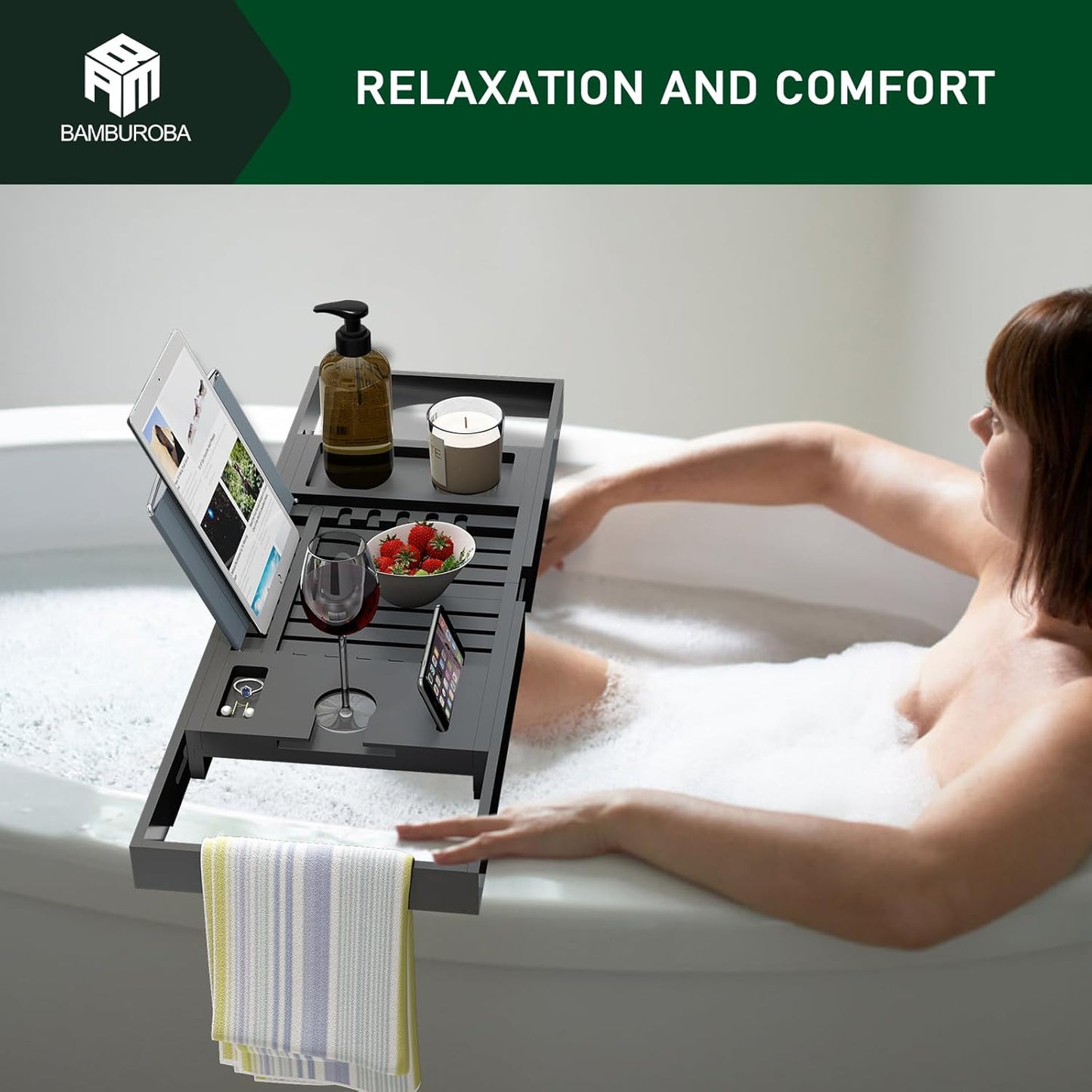 Foldable Bamboo Bathtub Caddy Tray Expandable for Luxury Bath, Bath Accessories & Table with Wine Glass Holder, Book Stand Bathroom Organizer with Extending Sides for Men/Women,Black