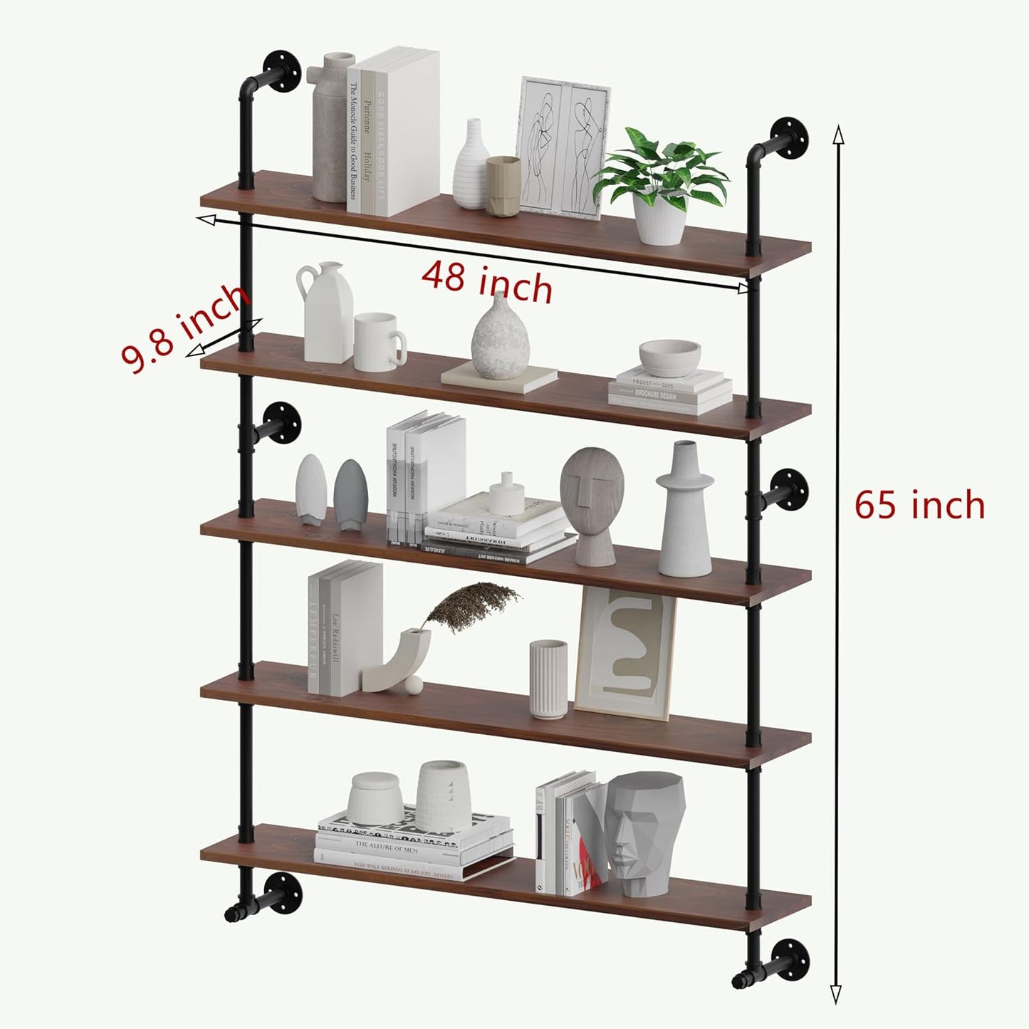 Industrial Pipe Wall Shelves Pipe Shelving with Real Wood Plank ,48 Inches Floating Shelves for Wall Farmhouse Pipe Book Shelves Dark Brown 5 Tier for Kitchen,Living Room Decor and Bar Shelving