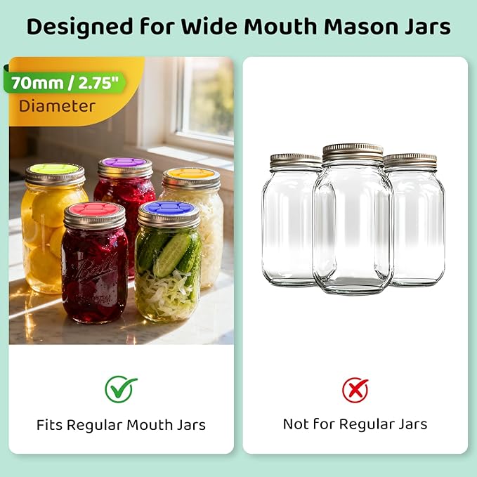 Perfect Fit: 5-Pack Fermentation Lids for Regular Mouth Mason Jars, Silicone Airlock Lids for Standard Ball & Kerr Jars, Self-Burping Valve for Pickles, Relish & Small Batch Ferments