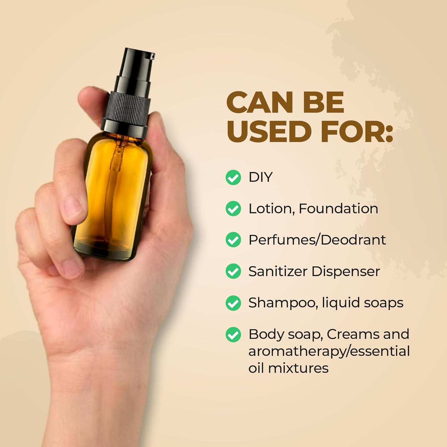 8 Pack Empty Refillable Glass Amber Pump Bottle Ideal for Lotion Cream Essential Oil Travel Small Container, 30ml