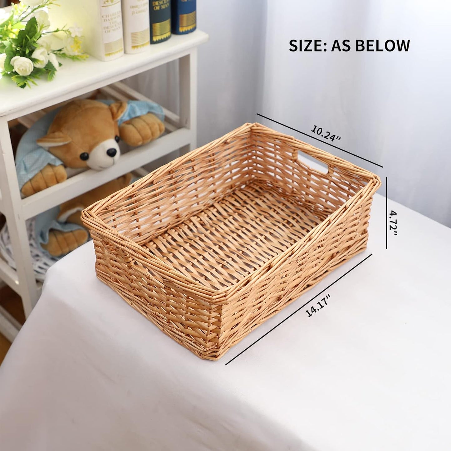 YAHUAN Rectangular Wicker Storage Basket Woven Rattan Basket with Handle, Baskets for Organizing Bathroom,Bedroom,Living room,Pantry (Wicker)