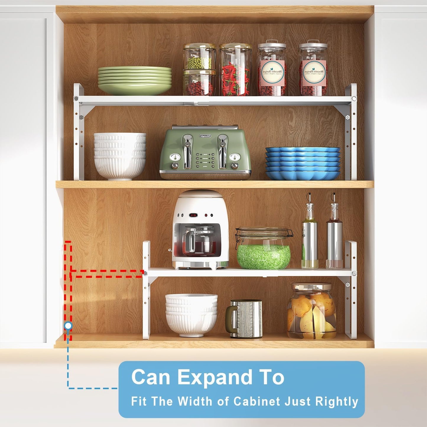 Set of 2 Expandable Cabinet Shelf Organizer, Stackable Kitchen Countertop Shelves Spice Racks, Small Storage Shelf For Cupboard Counter Tabletop, 30 LBS Heavy Duty, Adjustable, 11.8" to 17.7" Long