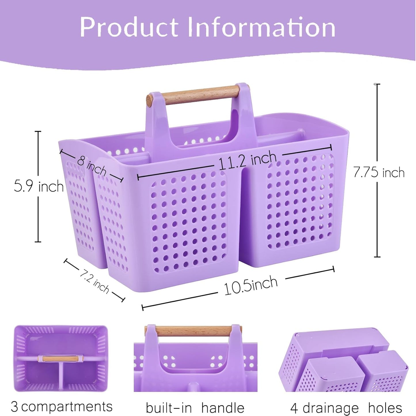 Portable Shower Caddy Basket with Compartments, Plastic Divided Cleaning Caddy Organizer Storage Tote with Handle for Bathroom, College, Dorm Room Essentials, Purple