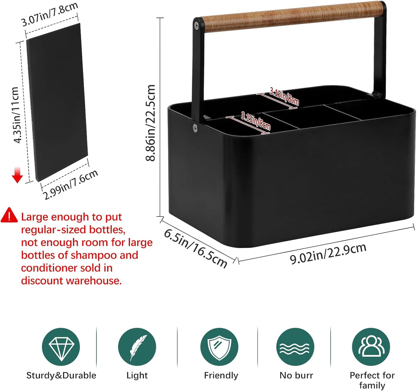 Portable Shower Caddy Dorm: Bathroom Caddy Organizer with Handle and Adjustable Dividers,Plastic Shower Basket for Toiletry,Makeup,Vanity,Shower Storage Tote for College, Cleaning Caddy, Black