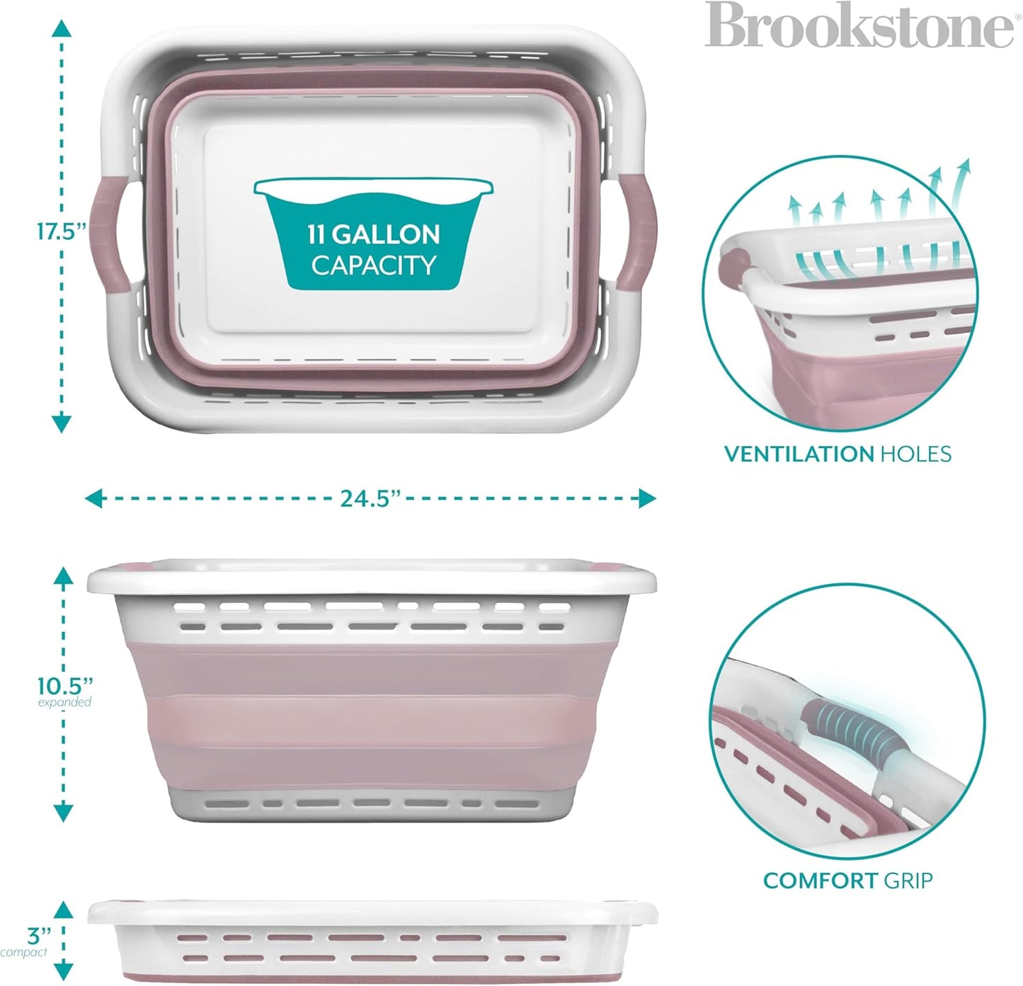 BROOKSTONE, 1 UNIT, 11 GALLONS - [OUR LARGEST BASKET EVER] 24" Collapsible Laundry Basket, Comfort Non-Slip Grip Handles, Minimalist Space Saving Design, Portable Pop-Up Hamper, [BPA FREE]