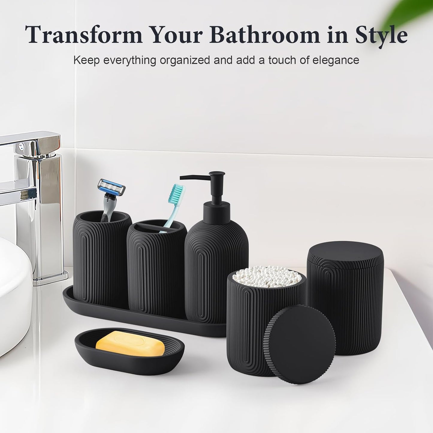 Bathroom Accessories Set - 7-Piece Resin Bathroom Set, Toothbrush Holders Set, Soap Dispenser, Qtip Holder Dispenser, Tumbler, Soap Dish & Tray, Modern Bath Decor for Home Dorm Hotel (Black)