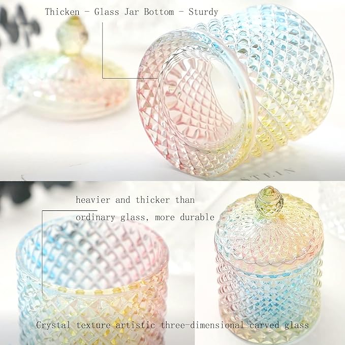 Qtip Holder Glass Apothecary Jars with Lid Bathroom Accessories Vanity Organizers and Makeup Storage for Cotton Swabs, Makeup Sponges, Bath Salts, Canister Dispenser, 2 Pack Rainbow