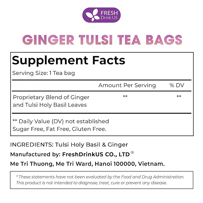 FreshDrinkUS, Premium 135 Ginger Tulsi Tea Bags, 100% Natural, Hand-made Blend of Ginger and Tulsi Holy Basil Leaves, Eco-conscious Tea Bags. Herbal Tea. No Sugar, No Caffeine, Vegan.