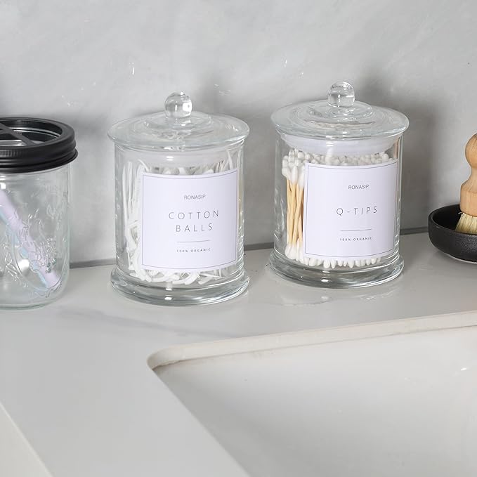 Qtip Holder & Cotton Pad Dispenser, Bathroom Organizer and Storage Canisters, 16oz Glass Apothecary Jars for Kitchen, Restroom - Home Decor, Room Decor Aesthetic (2 Pack, Transparent)