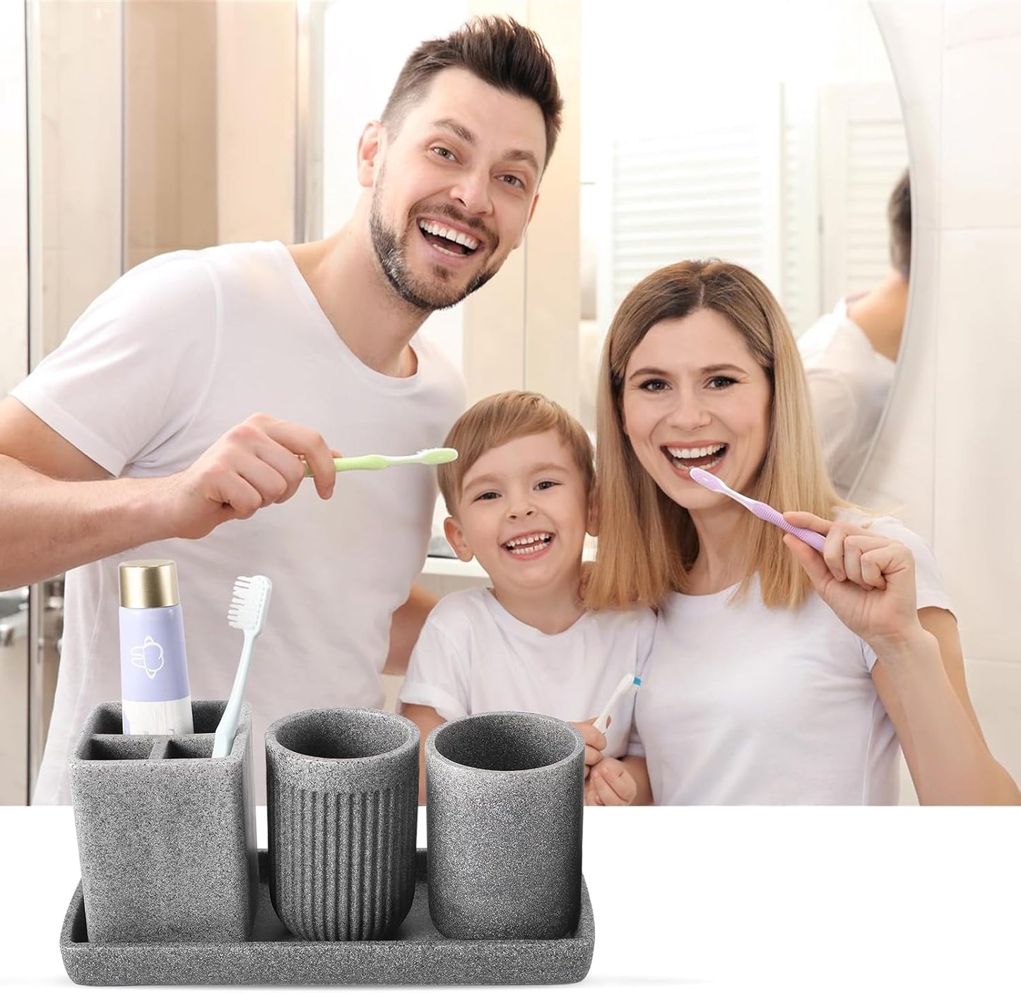 Resin Matte Gray Bathroom Toothbrush Cups Set with Holder and Tray, 4 Pcs Bathroom Accessories Set Counter Organizer for Sink Home Decor