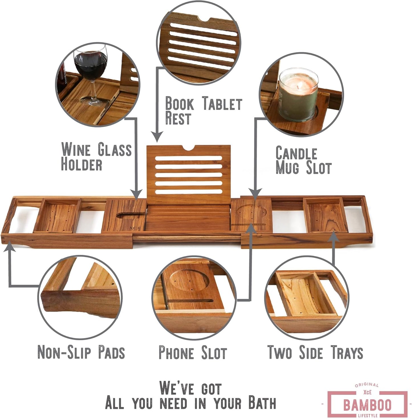 XcE Teak Bathtub Tray Expandable to 105cm with Solid Book Stand and Soap Tray, Teak