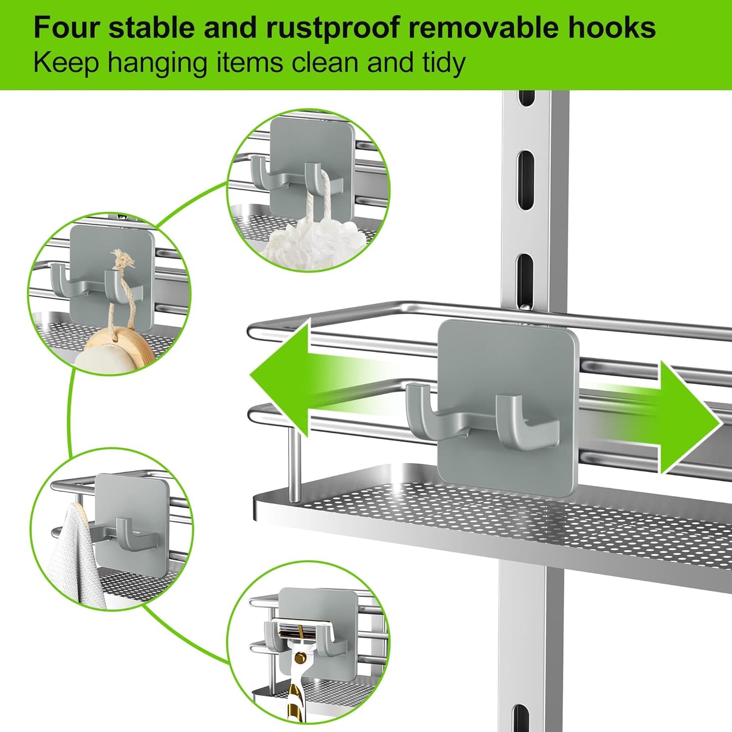Orimade Adjustable Hanging Over the Shower Door Caddy with Hooks, Bathroom Organizer Shelf Storage Rack,No Drilling Rustproof Basket for Inside Shower, Sliver 3 Tier