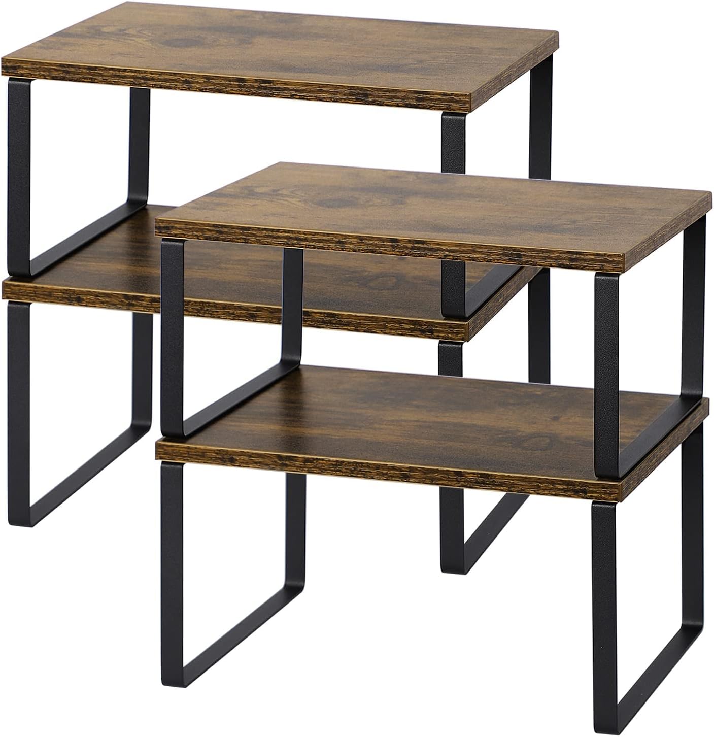 NEX Kitchen Cabinet and Counter Shelf Organizer, Shelf Riser for Pantry Countertop Cupboard Desk Top, Stackable & Expandable, Set of 4, Black and Rustic Brown