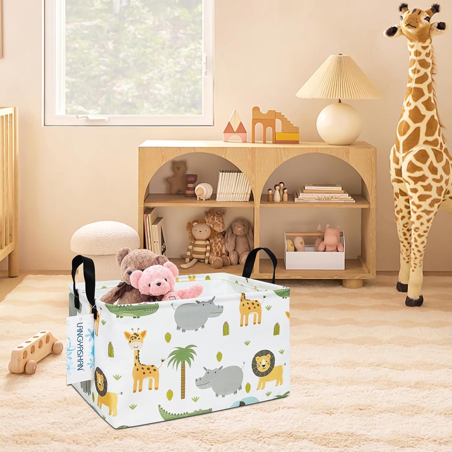 LANGYASHAN Rectangular Storage Bin Collapse Canvas Fabric Cartoon Storage Basket with Handles for Organizing Home Kitchen Boys and Girls Toys Office Closet Shelf Baskets (Rec animal)