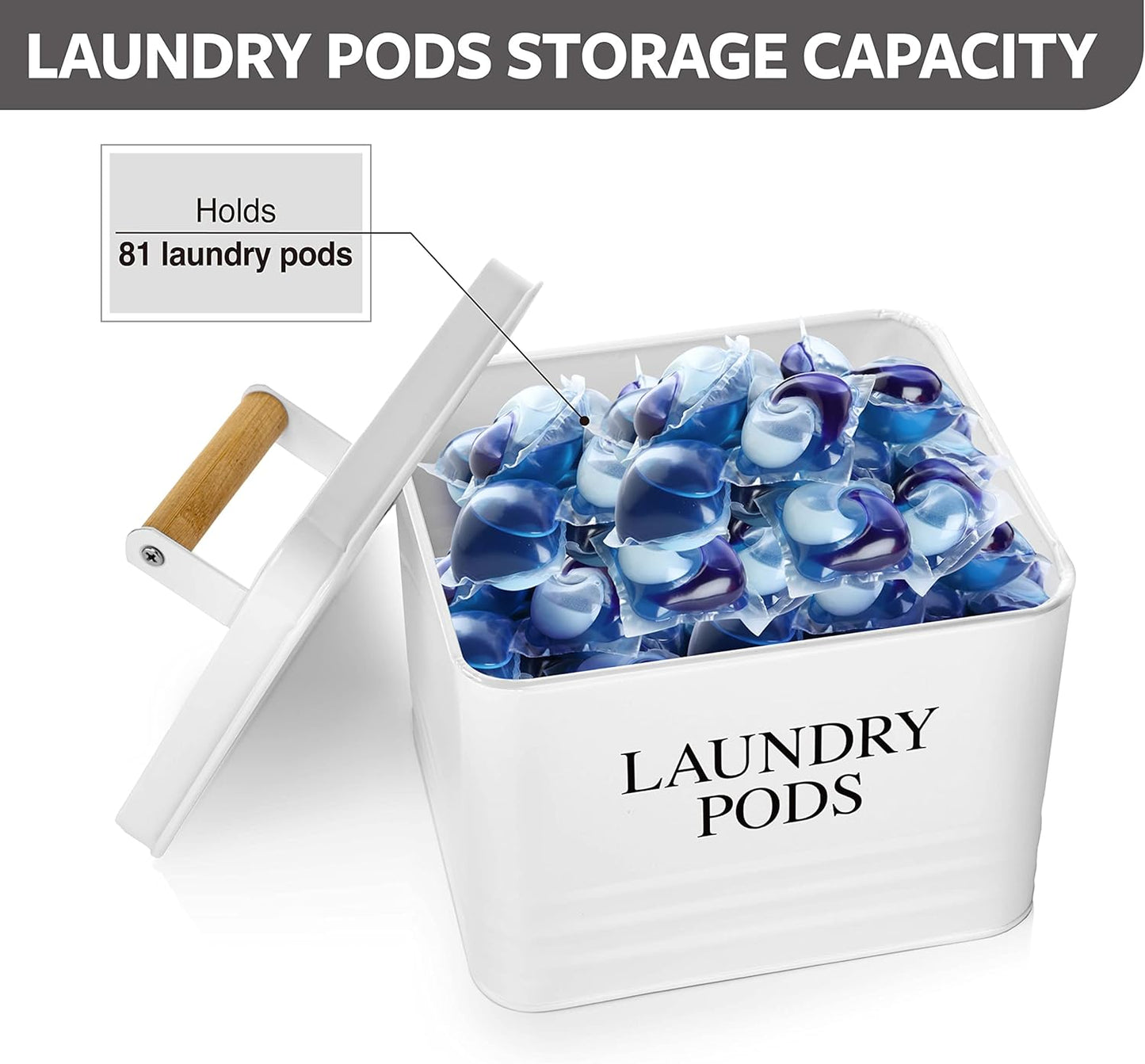 Calindiana Modern Farmhouse Metal Laundry Pods Holder Container with Lid for Laundry Room Decor and Accessories and Space Saving Organization and Storage, Holds 81 Laundry Pods, White