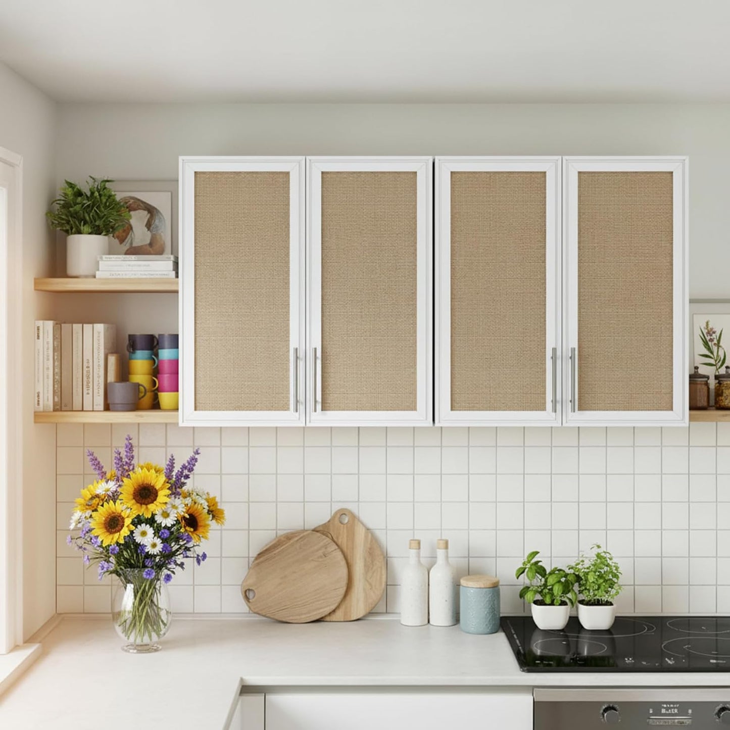 Rattan Wall Storage Cabinets - 60" Wide Large Laundry Room Wall Amount Cabinets with Adjustable Shelf for Kitchen,Bathroom