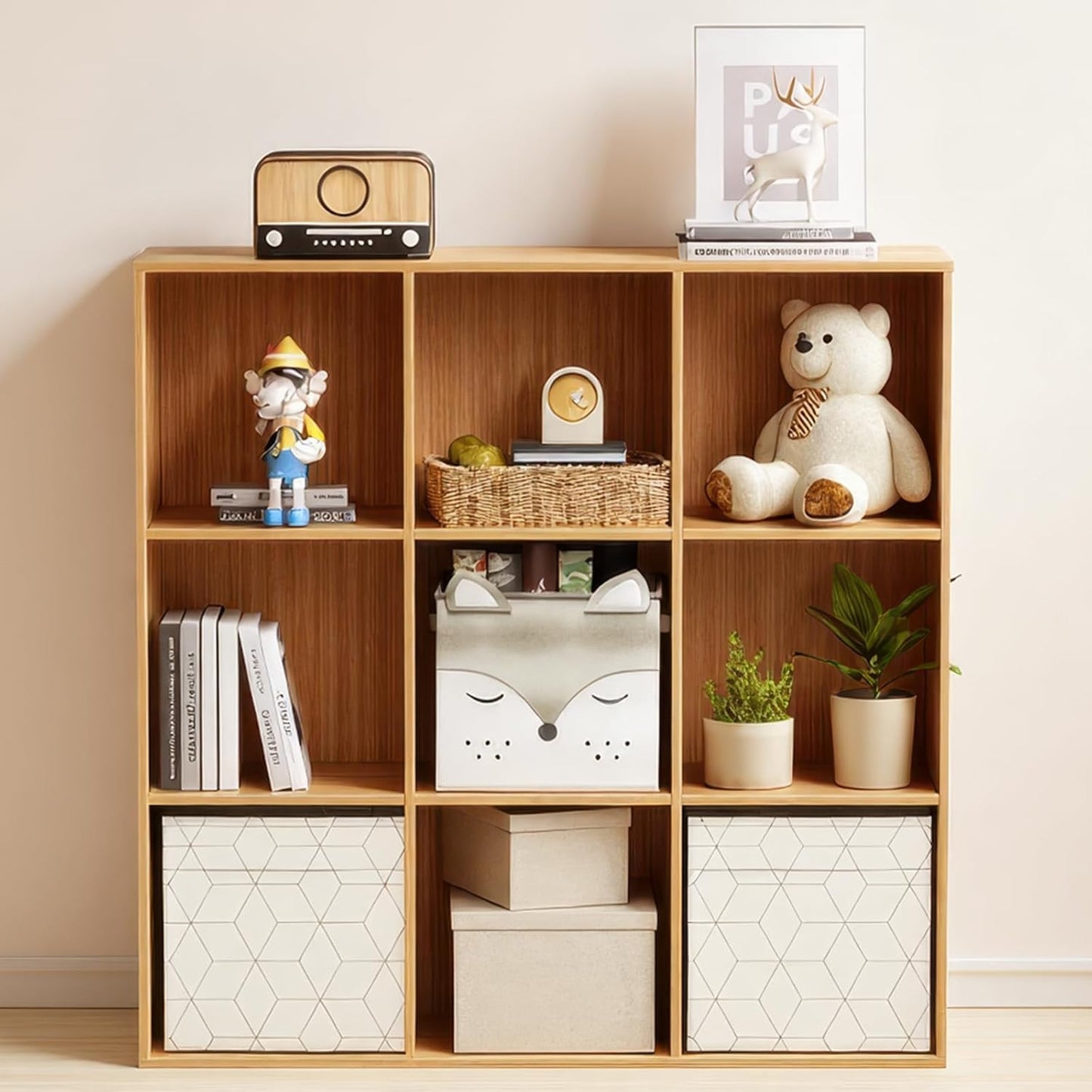 Cube Storage Organizer with Back Panel, 11" x 11" Cubby Shelf, Bookshelf for Home Office, Living Room, Bedroom (Natural, 9-Cube)