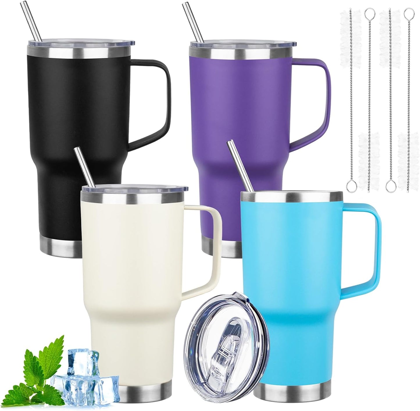 20oz Insulated Tumbler with Handle Stainless Steel Travel Coffee Mug with Lid and Straw Double Wall Vacuum Leak-proof Reusable Thermal Water Cup for Hot and Cold Drinks (Multicolor-4,4 Pack)