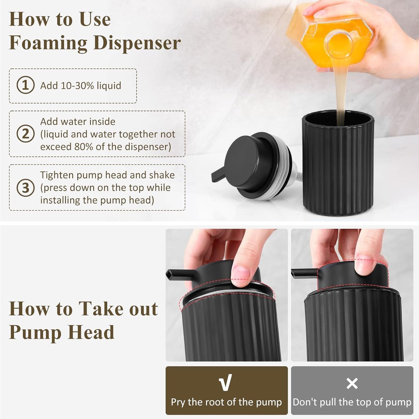 Shinowa Black Bathroom Accessories Set, 5 Pcs Bathroom Toothbrush Holder Sets with Soap Dispenser, Foaming Dispenser, Q-Tip Holder, Ceramic Tray, Bathroom Countertop Accessories Complete, Matte Black