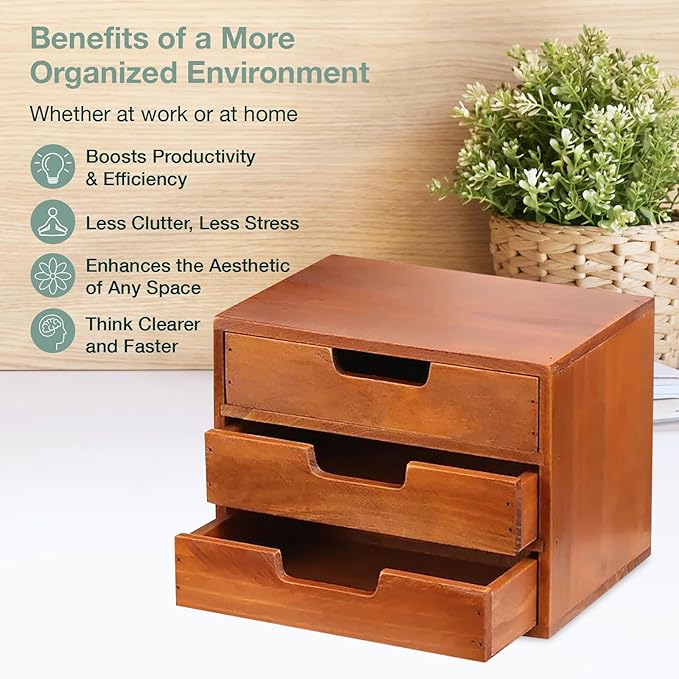 Triple Drawer Desktop Storage Organizer in Modern Wood Design (9.8”x6.9”x 7.5”) 3-Drawer Stackable Drawer Unit - Vanity Accessories Organizer (1-Pack)