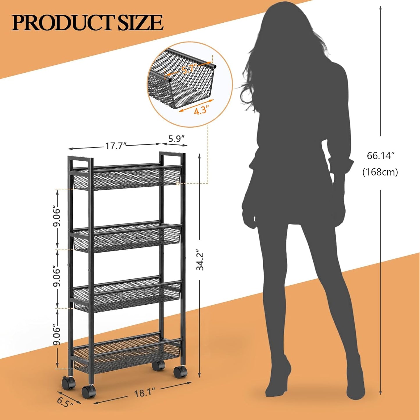 Slim Storage Rolling Cart, 4 Tier Narrow Cart with Wheels, Metal Kitchen Carts for Small Spaces, Slide Out Storage Shelves Mobile Shelving Unit for Kitchen, Laundry Room, Bathroom, Living Room, 6in(W)