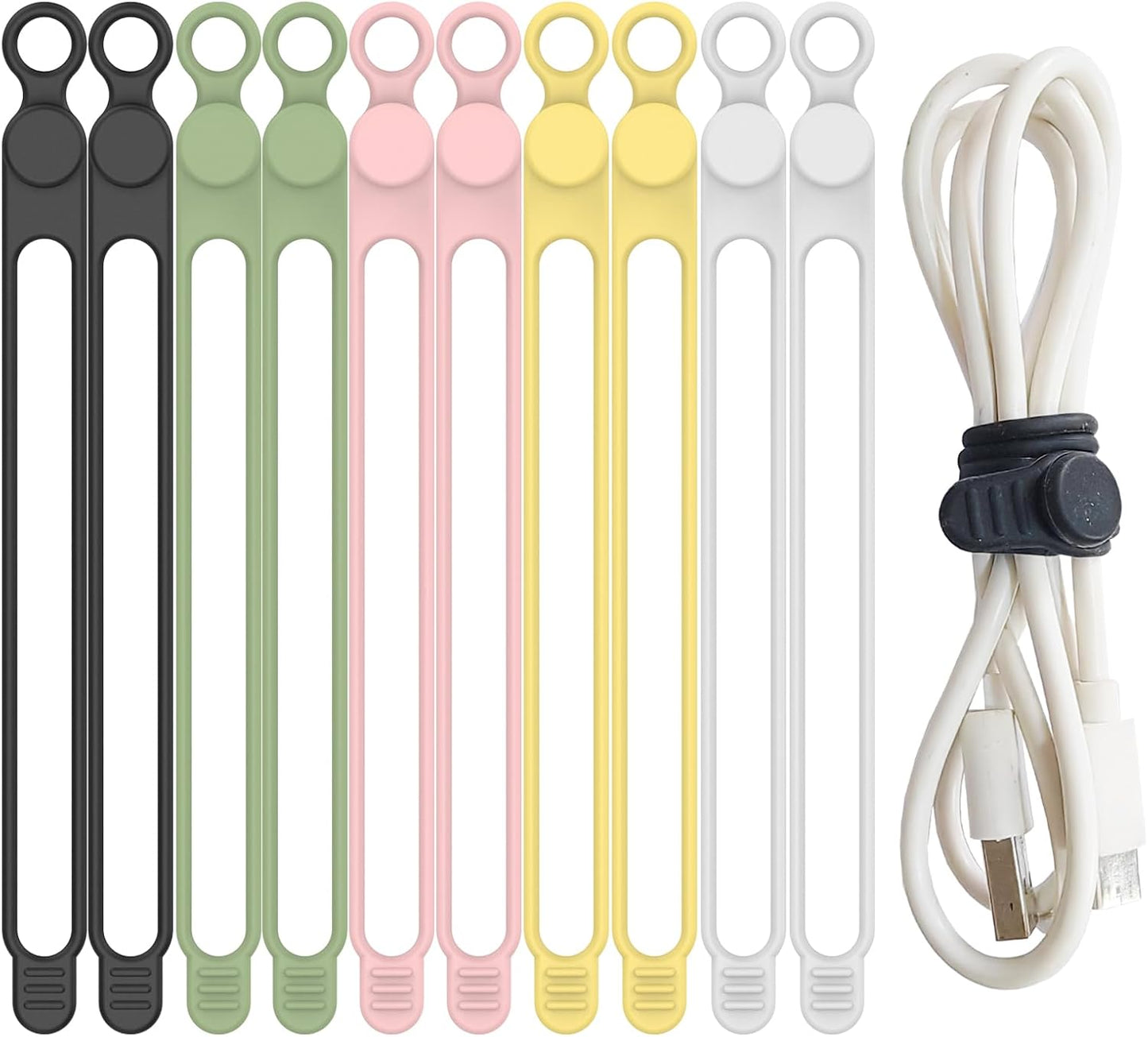 10Pcs Reusable Silicone Cable Ties, Cord Organizer - 7.1Inch, 5 Colors (Black, White, Pink, Green, Yellow)