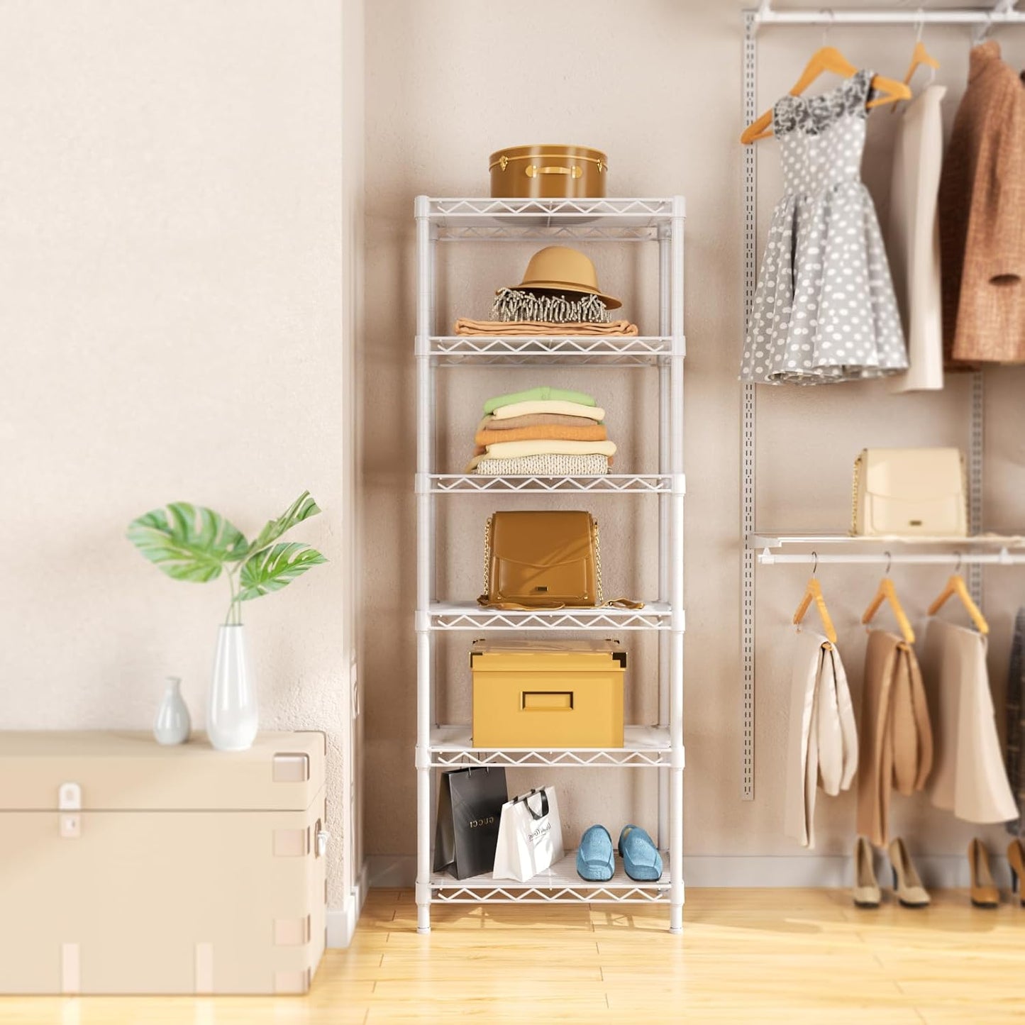 Small 6 tire Shelves Storage Wire Shelving Unit Metal Shelf Adjustable Organizers Storage Shelving for Bathroom Laundry Room Kitchen Pantry10”D x 16”W x 60”H White