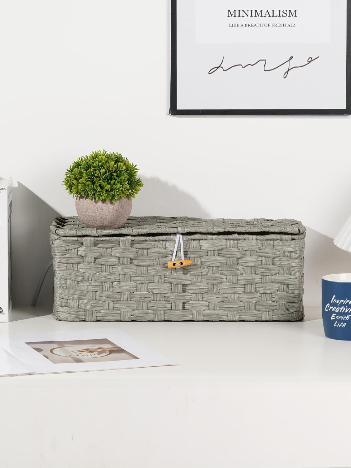 Temary Cable Management Box with Lids, 2-Pack Handmade Cable Organizer Boxes for Home, Office to Hide Cords and Power Strip, Cord Cover Floor Hider Set Woven Rattan Cable Organizer Box (Grey)